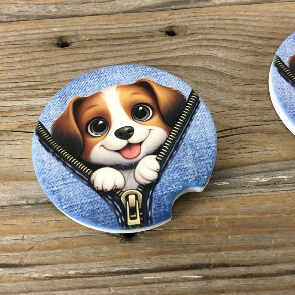 Dog Peek-a-Boo Zipper Car Coasters Set of 2 - Picture 5 of 7